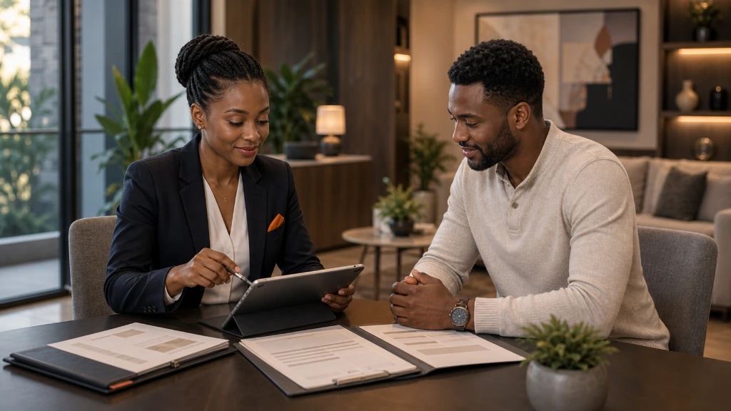 Professional consultation between a property manager and property owner discussing rental performance, financial reporting, and investment management.