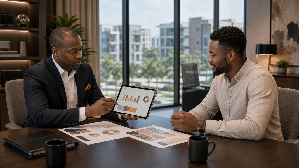 Business meeting focused on residential and commercial property management strategies, investment protection, and client success.