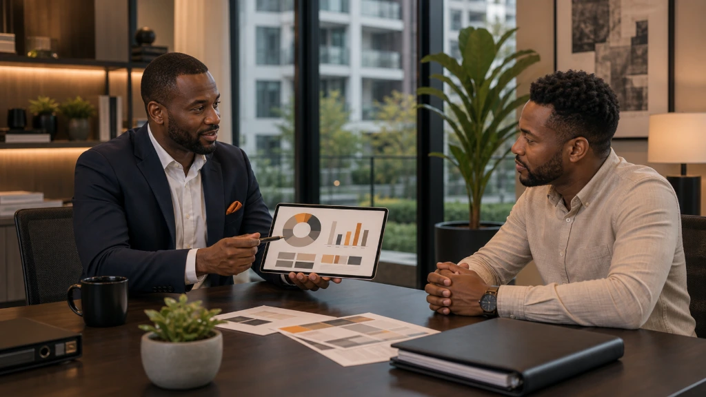 Professional consultation between a property manager and client discussing tenancy management, maintenance planning, and property operations.
