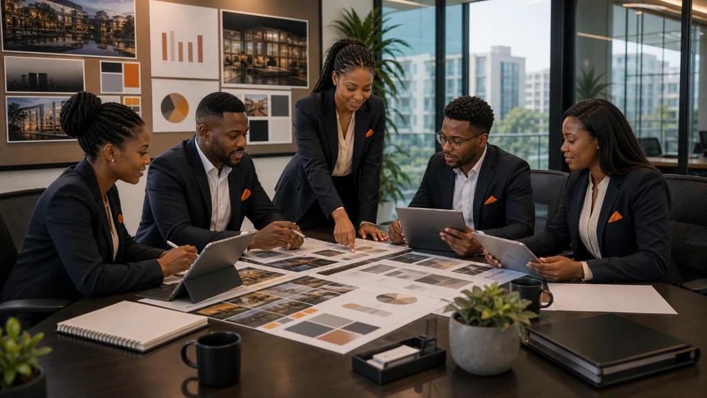 Property management professionals reviewing building plans during a client consultation