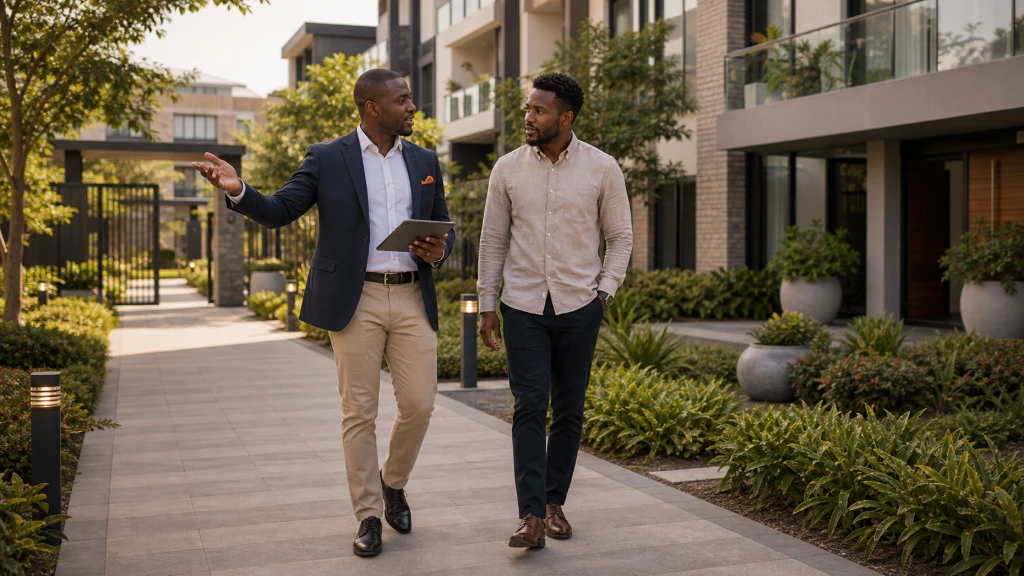 RAYLAV property management professionals walking with a client outside a managed property.