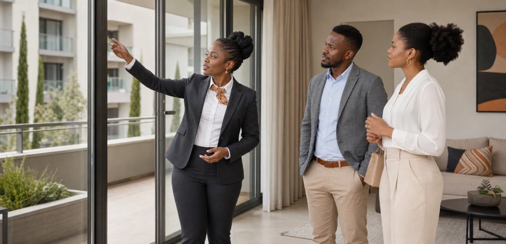 Property manager conducting a property viewing with prospective tenants before the leasing process begins.