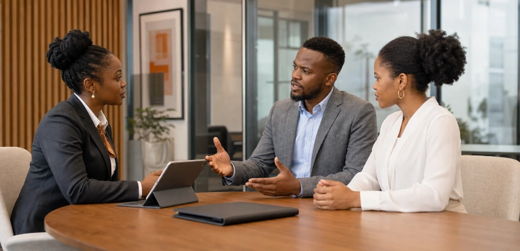 Professional tenant interview conducted by a RAYLAV property manager as part of the comprehensive tenant screening process.
