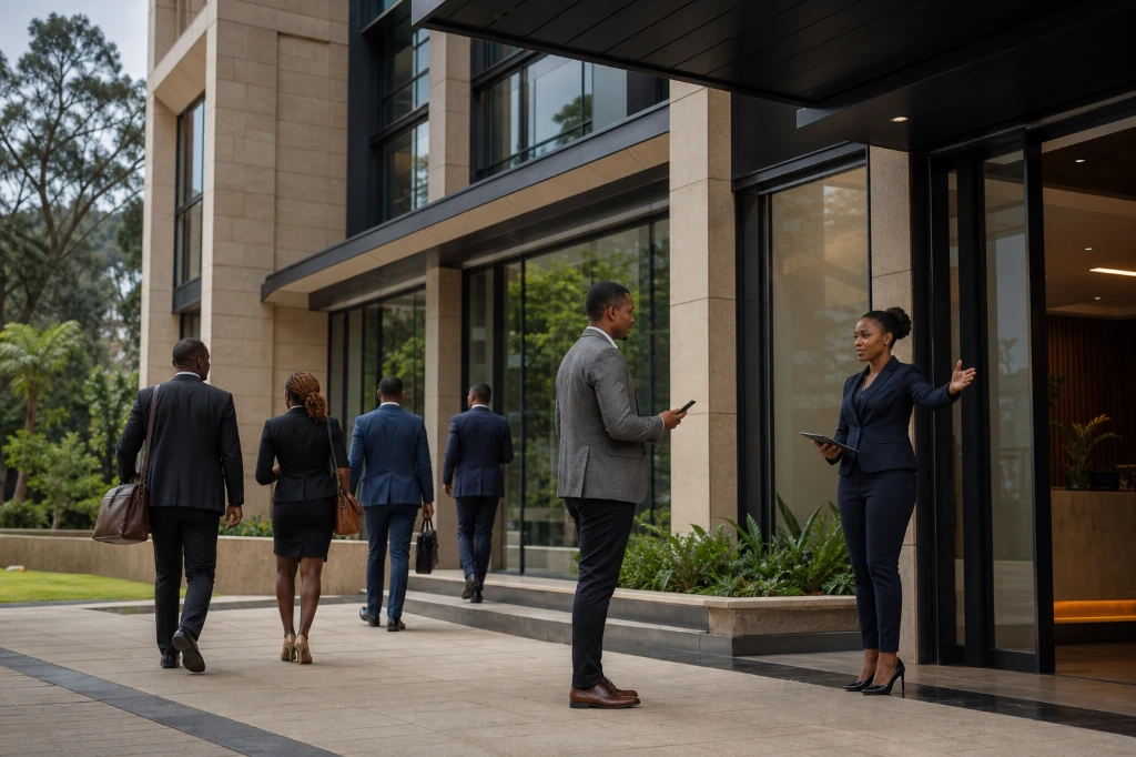 Prospective tenants viewing a professionally managed rental property before signing a tenancy agreement.