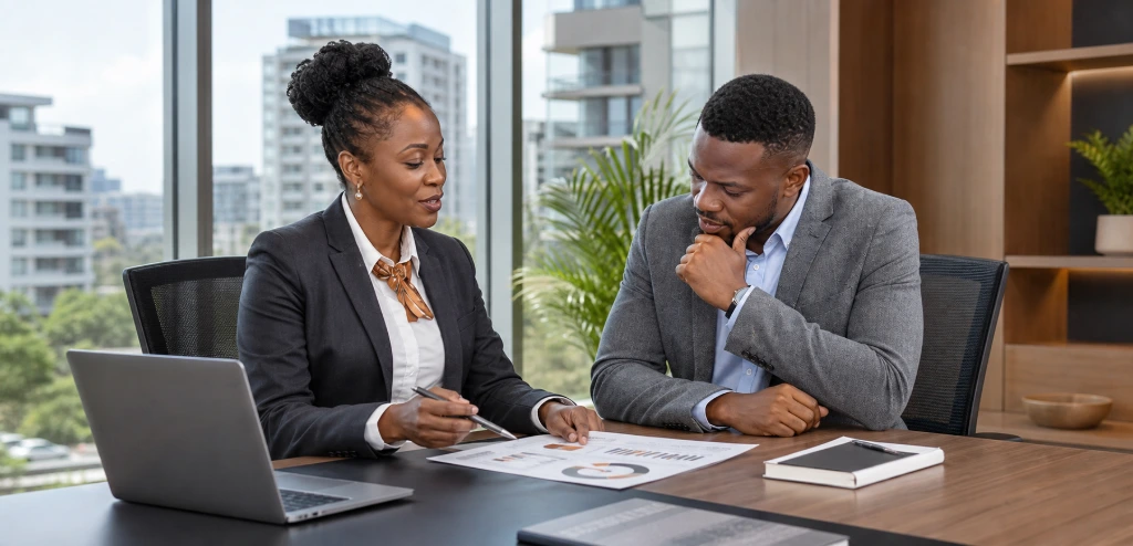 Property manager meeting with a property owner to discuss rent collection, financial reporting, and professional property management services.
