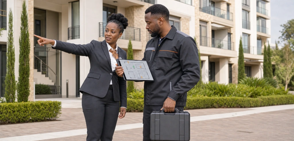 Property manager coordinating maintenance services with a contractor to ensure timely repairs and professional property upkeep.