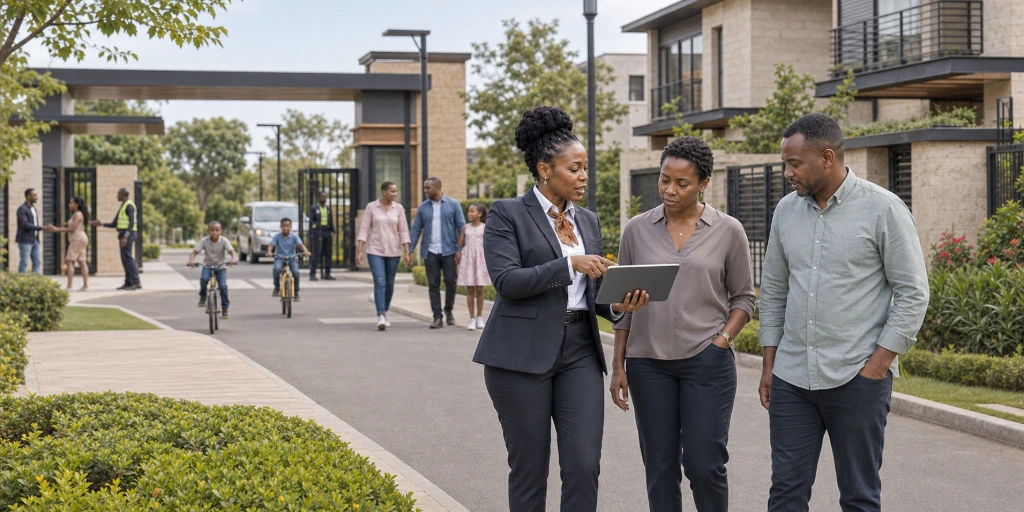 Property manager inspecting a professionally managed residential estate to ensure quality maintenance, security, and community standards.