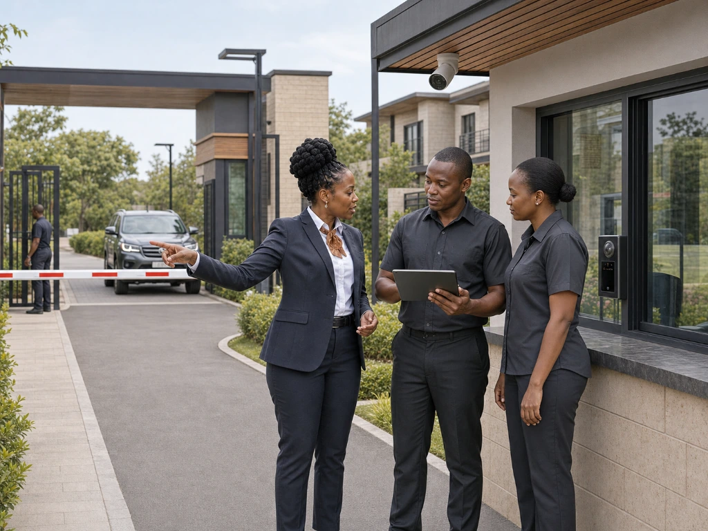 Property manager walking through a residential estate to inspect shared facilities, landscaping, and common areas.