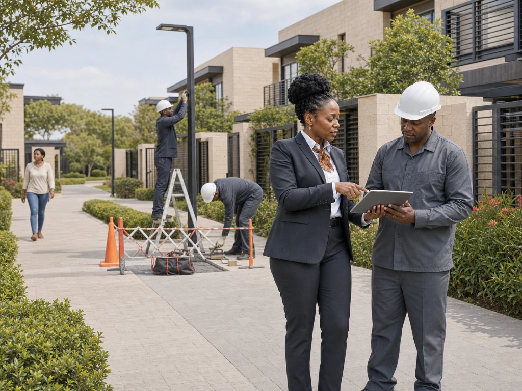 Estate management team conducting a routine inspection to maintain community standards, safety, and resident satisfaction