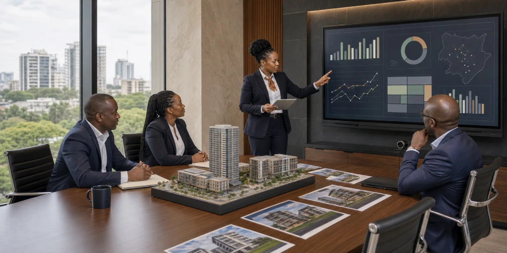 Property manager reviewing an investment portfolio with a client to maximize returns through professional property management services.