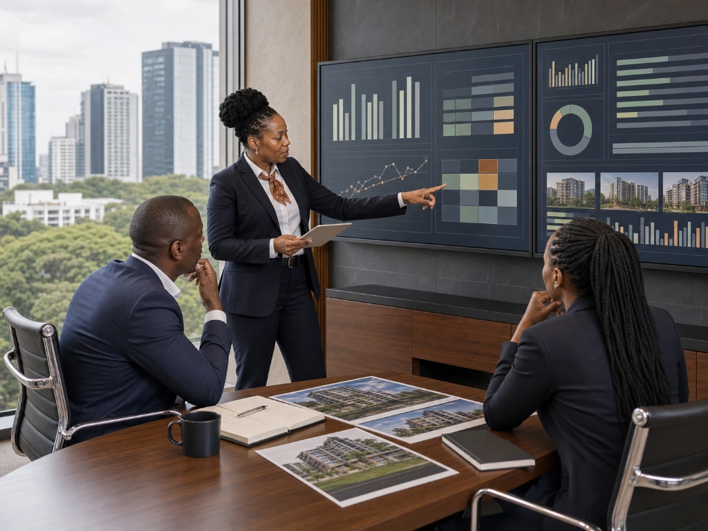 Property manager presenting financial reports and investment performance analysis for a diversified real estate portfolio.