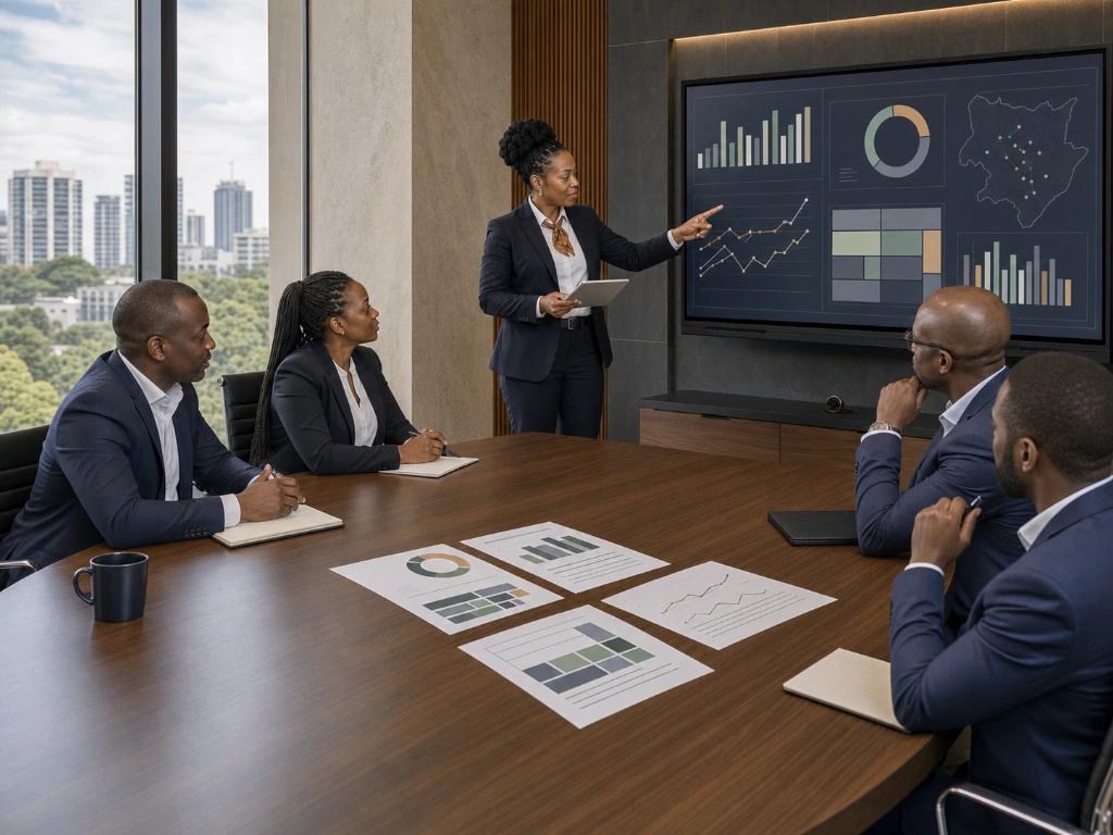 Professional consultation reviewing investment portfolio reports, occupancy rates, and property management performance metrics.