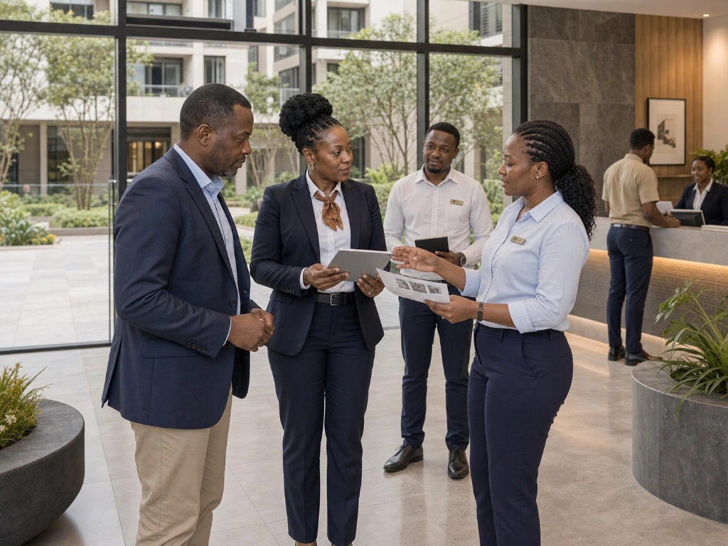 Property manager meeting with investors to discuss portfolio performance, maintenance planning, and long-term investment strategies.
