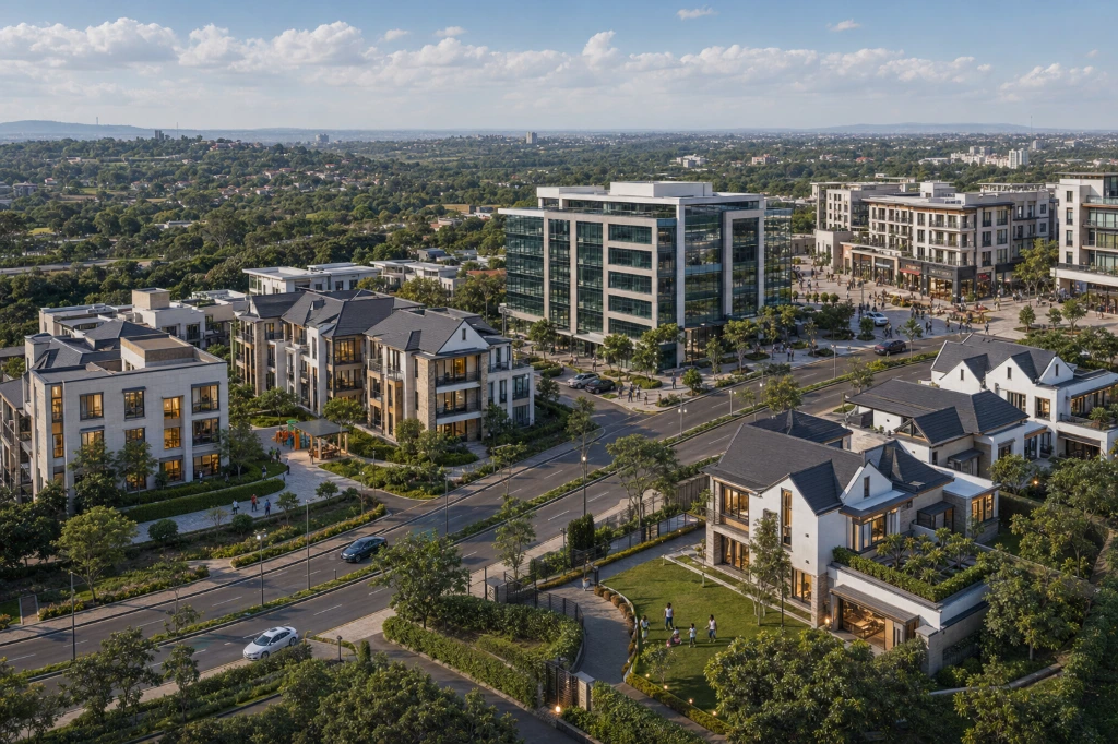 Aerial view of a professionally managed investment property portfolio showcasing diversified residential and commercial real estate assets.