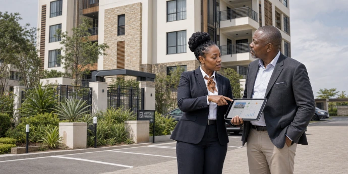 Property manager consulting with a property owner on the benefits of professional property management and investment protection.