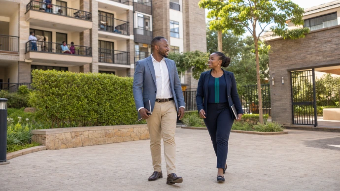 Property manager meeting with a property owner to answer questions, provide expert advice, and explain RAYLAV's property management services.