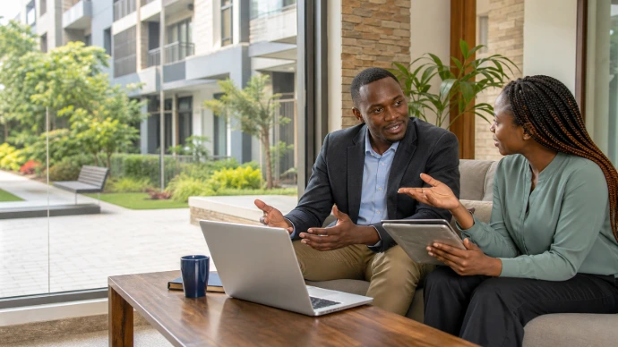 Property owner consulting with a RAYLAV property manager to get answers to frequently asked questions about professional property management services.
