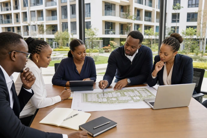 Property management professionals reviewing documents and project plans together.