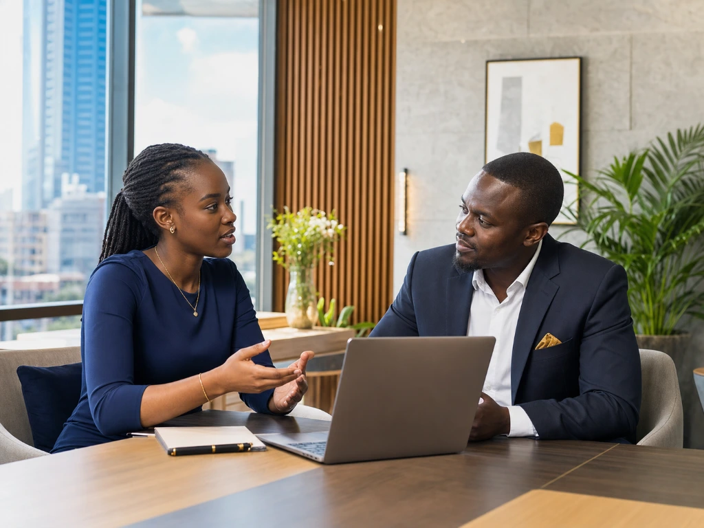 Two professionals discussing work and sharing ideas using a laptop.