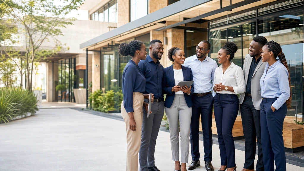 Property management professionals walking together outside a modern office building.