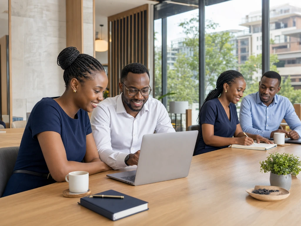 Colleagues collaborating on a laptop in a modern property management workplace
