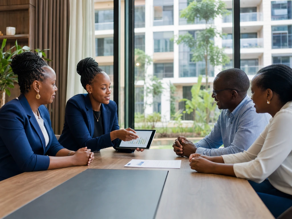 Property management professionals sharing ideas during a collaborative office meeting.