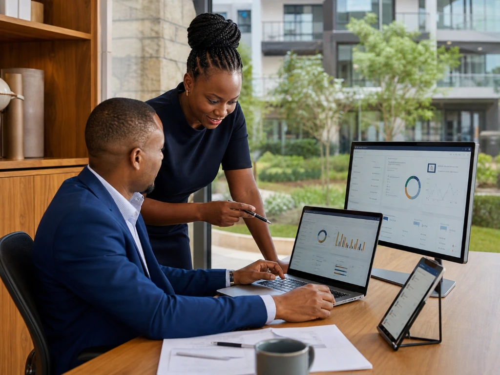 A professional presenting ideas to colleagues during a collaborative office meeting.