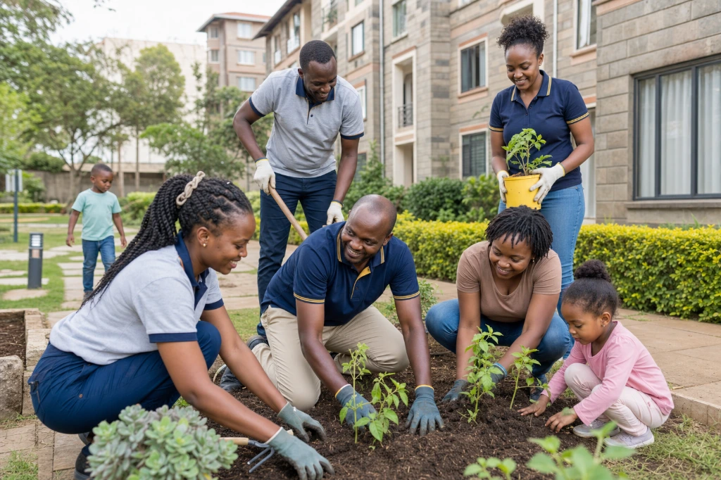 Team members working together during an outdoor community and landscaping project.