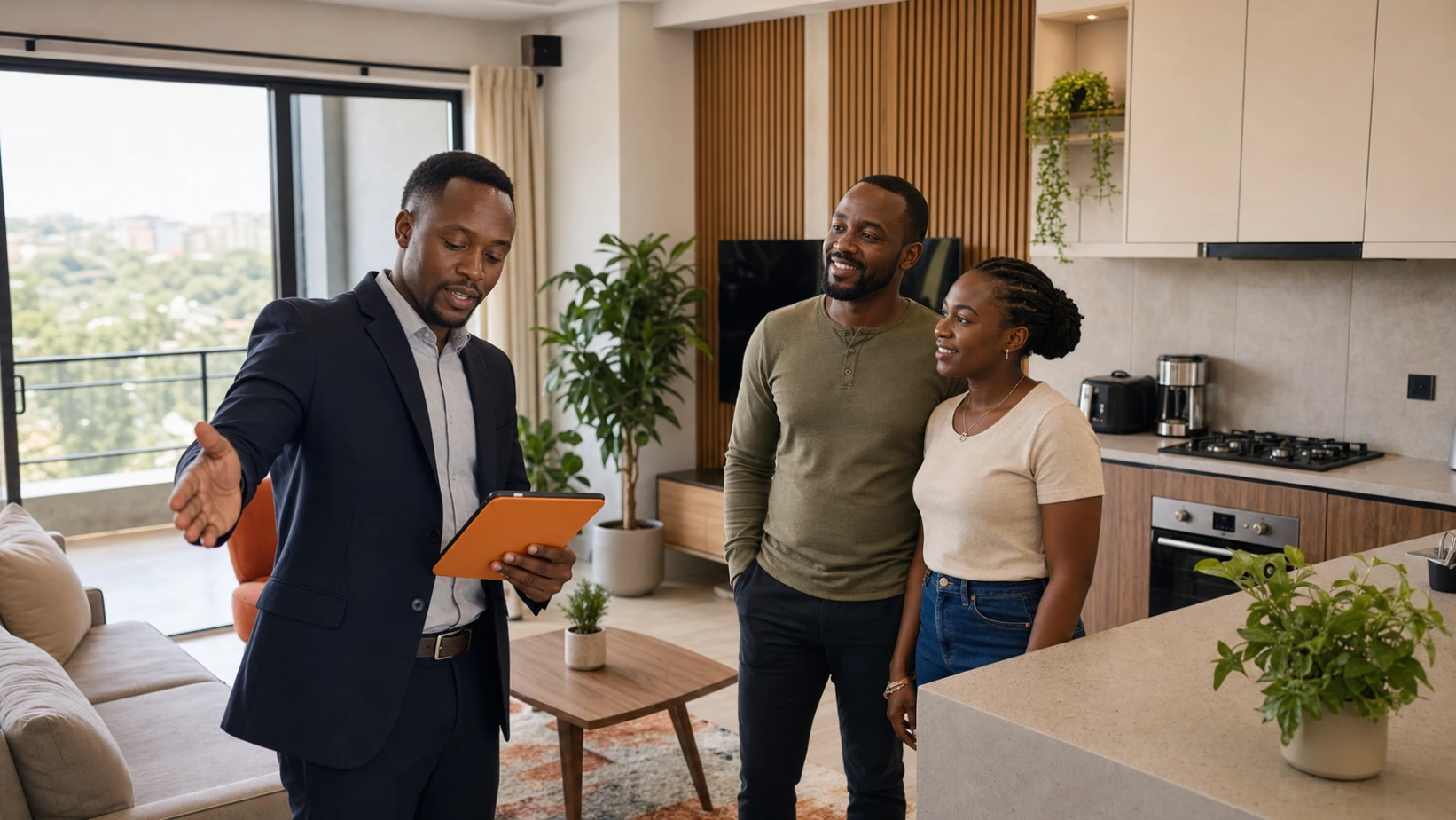 Property manager assisting prospective tenants during a viewing of professionally managed residential rental properties.